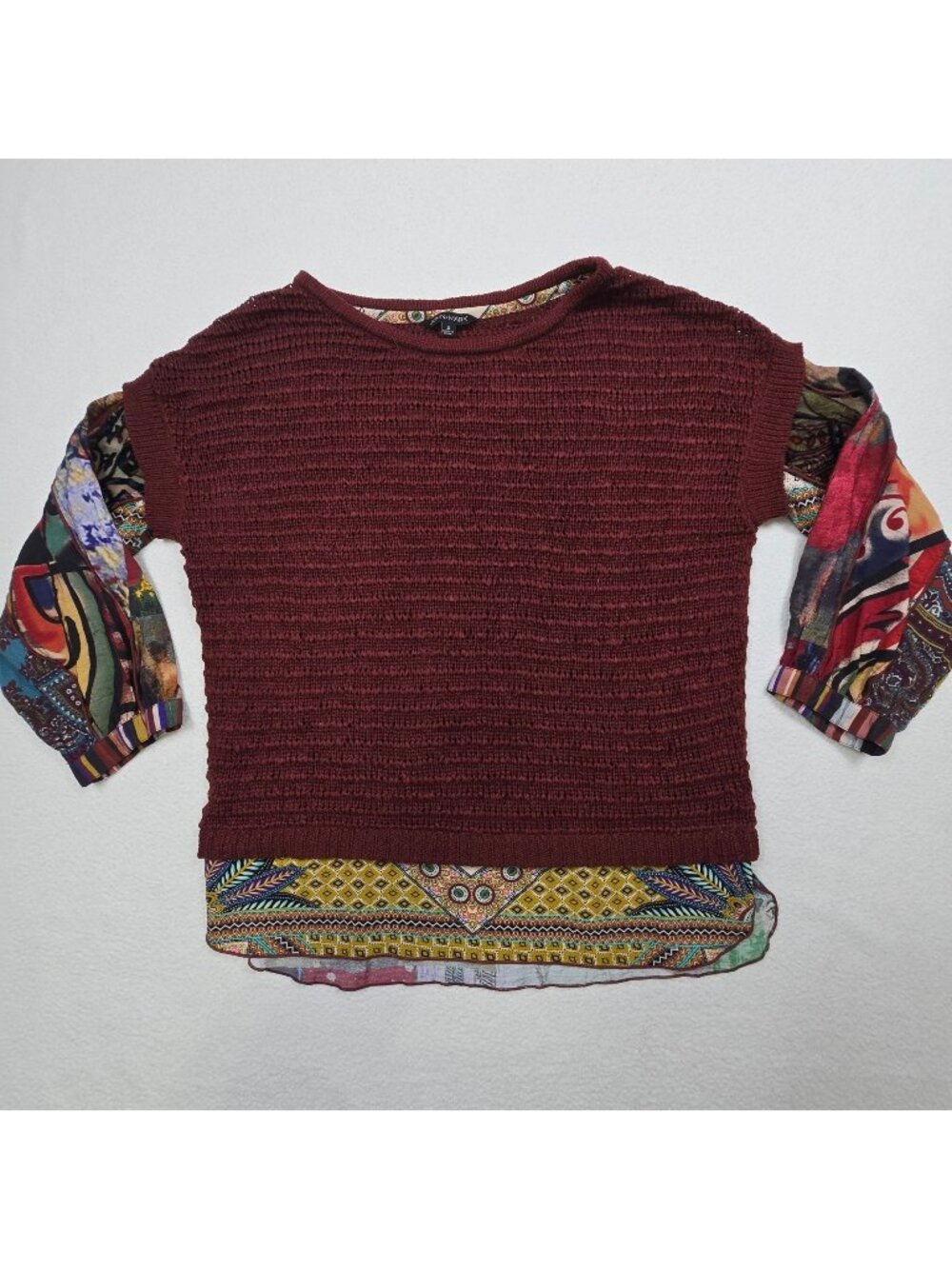 John Mark Small Velvet Burnout Textured Sweater Burgundy Patchwork 3/4 Sleeve